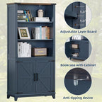 70in Tall Bookshelf 5 Tier Bookcase with Barn Doors and Adjustable Shelves, Blue Farmhouse Book Shelf with Storage Cabinet, Wood Freestanding Display Bookshelves for Bedroom, Kitchen (2PCS)