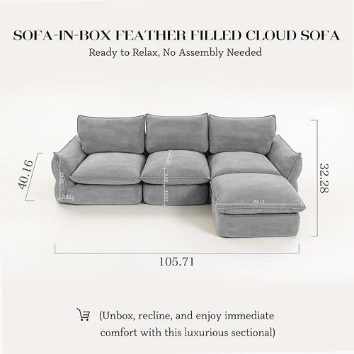 106'' Down Blend L-Shaped Sectional Sofa, Deep Seat Feather-Filled Cushions, Oversized Cloud Couch with Sink-in Comfort, Modern Living Room Sofa – Pebble Gray