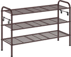SONGMICS Shoe Rack, 3-Tier Shoe Organizer, Metal Shoe Shelf Storage with 4 Side Hooks, Holds 15 Pairs of Shoes, Height-Adjustable Shoe Rack for Entryway, Hallway, Closet, Easy Assembly, Chestnut Brown