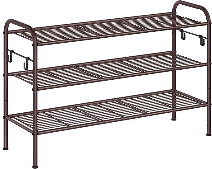 SONGMICS Shoe Rack, 3-Tier Shoe Organizer, Metal Shoe Shelf Storage with 4 Side Hooks, Holds 15 Pairs of Shoes, Height-Adjustable Shoe Rack for Entryway, Hallway, Closet, Easy Assembly, Chestnut Brown