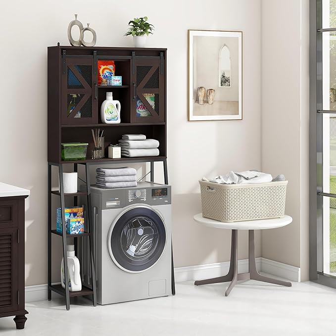 Over The Toilet Storage Cabinet, Farmhouse Storage Cabinet Over Toilet with 2 Sliding Barn Door，Home Space-Saving Toilet Rack, for Bathroom, Restroom, Laundry，Espresso