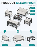SERWALL HDPE Patio Furniture Set, 5 Piece All Weather Wood-Like Sectional Outdoor Furniture Set, Grey Patio Sofa Couch with Khaki Cushions for Deck, Lawn