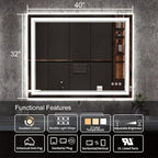 LED Bathroom Mirror, 40x32 Inch Gradient Front and Backlight Bathroom Vanity Mirror, 3 Colors Dimmable CRI>90 Double Lights, IP54 Enhanced Anti-Fog, Hanging Plates Wall Mount LED Mirror