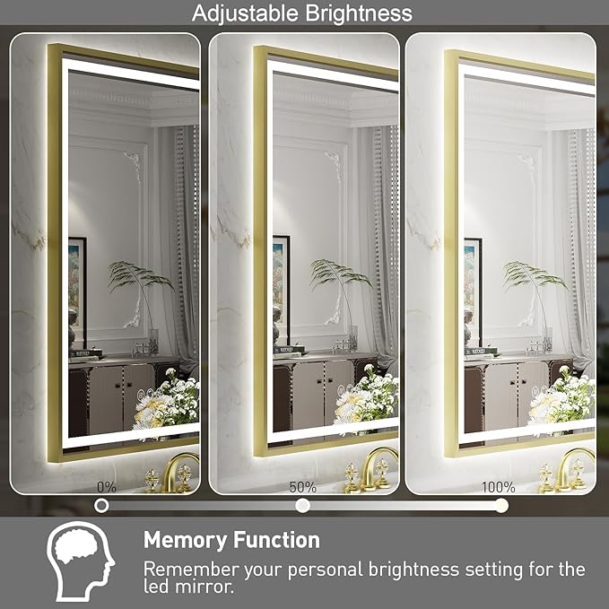 48X30 Inch Led Bathroom Mirror,Front and Backlit Lighted Mirror,Gold Metal Frame Vanity Light Mirror for Wall,Double Lights Strips,Anti Fog Stepless 3 Colors Temperature & Dimmable