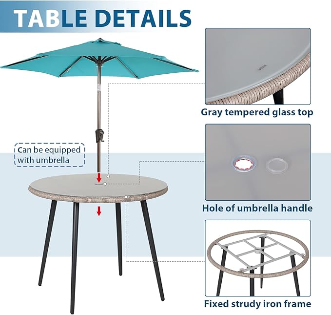 JOIVI 5 Piece Outdoor Dining Set, Wicker Patio Furniture Dining Table and Chairs Set with Cushions for 4 People, Tempered Glass Tabletop with 2.16” Umbrella Hole, for Lawn, Backyard, Garden