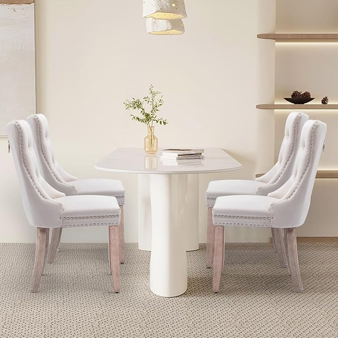 Velvet Upholstered Dining Chairs Set of 4, Modern Style Kitchen Side Chairs with Nailhead Trim and Wood Legs,Metal Pulling Ring for Dining Room Living Room(Beige,Set of 4)
