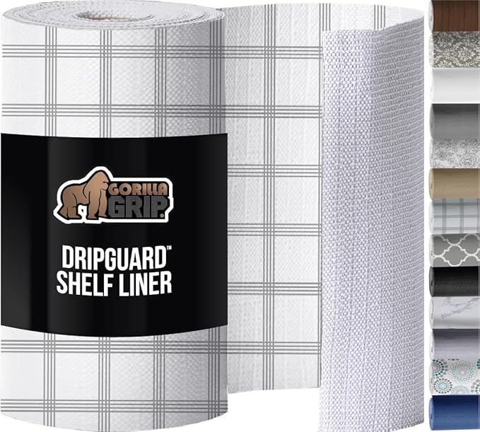GORILLA GRIP DripGuard Shelf Liner, Non Adhesive Drawer and Kitchen Cabinet Protector, 20x240 Inch, Slip Resistant BPA Free Smooth Surface Plastic Liners for Cabinets, Bathrooms, Closets, Gray White