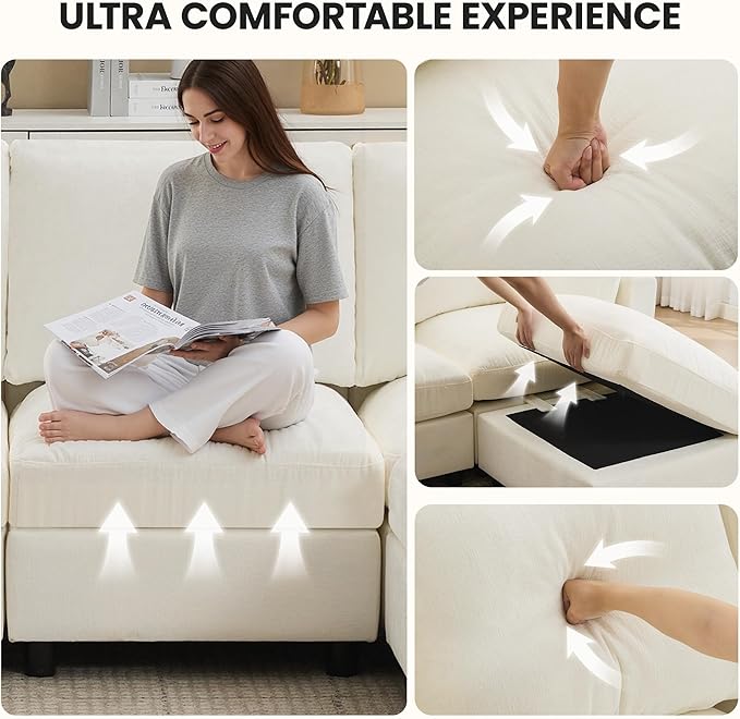 4-Seater Modular Sectional Cloud Sofa with 2 Ottomans, U-Shaped Couch for Living Room, Modern Deep Seat Sofa with Soft Back Cushions, Chenille Beige