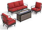 Patio Furniture Set with 56" Fire Pit Table, Premium Outdoor Wicker Metal Frame Furniture with Upgraded Waterproof Thick Cushions for Porch, Poolside, Deck, and Yard （4 Pieces,Red