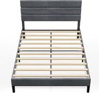 WLIVE Full Size Upholstered Bed Frame, Velvet Square Tufted Headboard,Sturdy Metal & Wooden Slats Support, No Box Spring Needed, Light Grey
