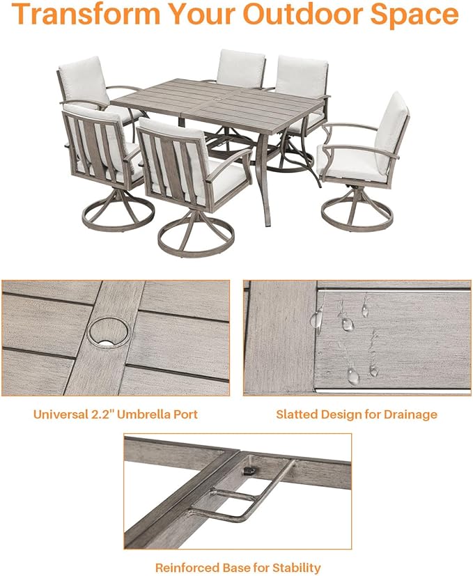 7-Piece Patio Swivel Dining Set for 6, Aluminum Outdoor Dining Set with Umbrella Hole, Patio Dining Furniture with Cushions, Outdoor Table and 6 Swivel Chairs for Deck Garden Yard, Limed Oak