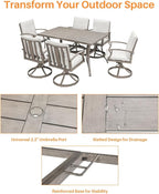 7-Piece Patio Swivel Dining Set for 6, Aluminum Outdoor Dining Set with Umbrella Hole, Patio Dining Furniture with Cushions, Outdoor Table and 6 Swivel Chairs for Deck Garden Yard, Limed Oak