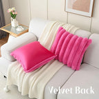 FUTEI Hot Pink Decorative Throw Pillow Covers 18x18 Inch Set of 2, Square Soft Faux Rabbit Fur Thick Striped Cushion Cover,Winter Home Decor for Couch Bed Living Room