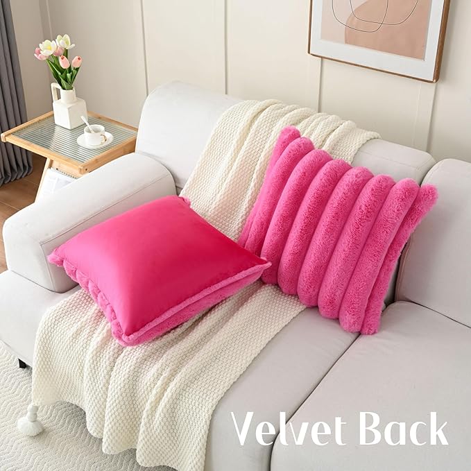 FUTEI Hot Pink Decorative Throw Pillow Covers 18x18 Inch Set of 2, Square Soft Faux Rabbit Fur Thick Striped Cushion Cover,Winter Home Decor for Couch Bed Living Room