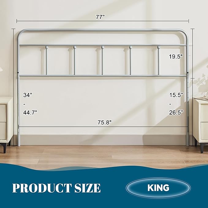 Metal King Size Headboard Only, Sturdy and Durable Iron King Headboard Adjustable Height from 34” to 44”, Victorian Vintage Bed Headboards, Farmhouse Head Board, Bed Frame Mount Grey