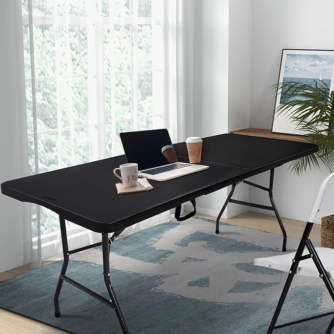 Folding Table 6FT HDPE 6 Foot Foldable Table Portable Banquet Surface Fold-in-Half Desk Utility for Working Meeting Parties, Picnic, Camping, Weddings, Catering, Garden Dining-Black