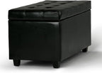SIMPLIHOME Cosmopolitan 34 inch Wide Transitional Rectangle Storage Ottoman in Midnight Black Vegan Faux Leather, Assembled, For the Living Room, Entryway and Family Room