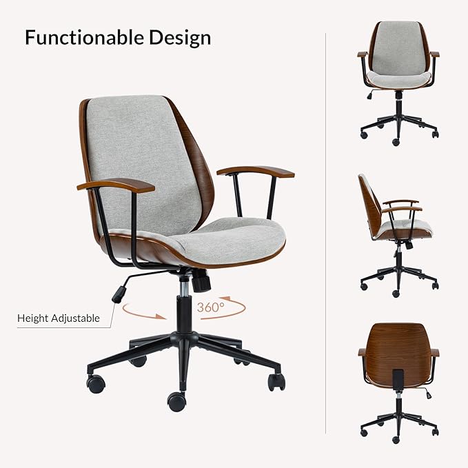 Modern Office Chair with Bentwood Polyester Upholstery Ergonomic Swivel Desk Chair with Adjustable Height for Home Office or Study Gray