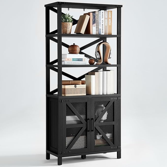 5 Tier Bookshelf 70" Tall Bookcase with Barn Doors,Large Farmhouse Display Book Shelf with Adjustable Shelves and Storage Cabinet， Wood Bookshelves for Living Room,Kitchen,Antique Black(2PCS)