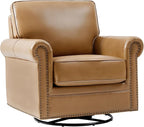 HULALA HOME Swivel Accent Chair Genuine Leather Barrel Rocker Chair with Metal Base Transitional Armchair Padded Round Armrest, Camel