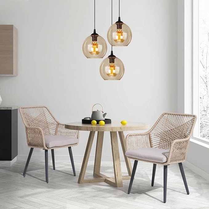 JOIVI Outdoor Dining Chairs Set of 2, 2 Pieces Woven Rope Patio Chairs with Armrest and Seat Cushions for Outside Porch, Balcony or Indoor Kitchen, Restaurant, Tan