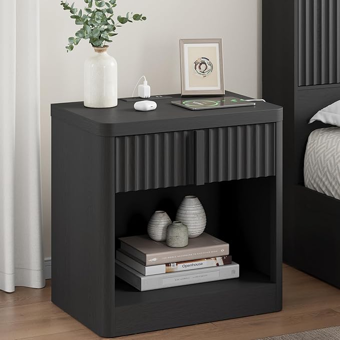 Fluted Nightstand with Charging Station, 23.6" End Table with Solid Wood Handle, Curved Profile Design, Mid Century Moden Bedside Table for Bedroom, Black