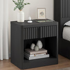 Fluted Nightstand with Charging Station, 23.6" End Table with Solid Wood Handle, Curved Profile Design, Mid Century Moden Bedside Table for Bedroom, Black