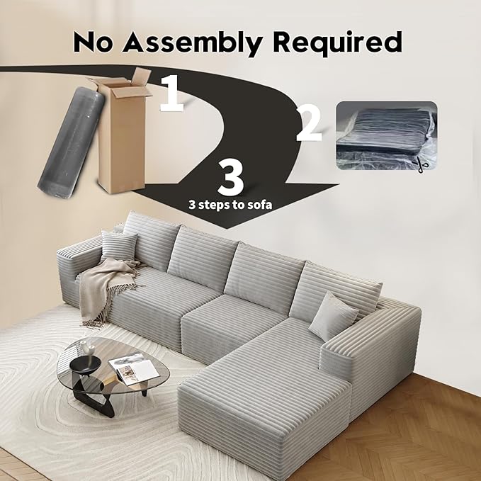 135.4" Cloud Sectional Couch with L-Shape Chaise,Modern Modular Sofa with Deep Seat, Upholstered Couches for Living Room Bedroom Apartments,No Assembly Required, (Grey,Right Facing Chaise)
