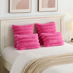 FUTEI Hot Pink Decorative Throw Pillow Covers 12x20 Inch Set of 2, Square Soft Faux Rabbit Fur Thick Striped Lumbar Pillow Case,Winter Home Decor for Couch Bed Living Room