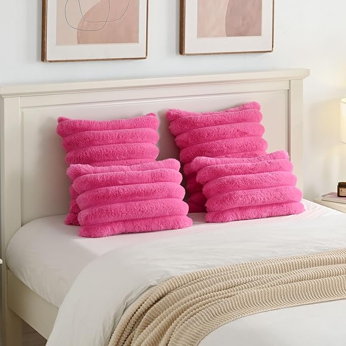 FUTEI Hot Pink Decorative Throw Pillow Covers 12x20 Inch Set of 2, Square Soft Faux Rabbit Fur Thick Striped Lumbar Pillow Case,Winter Home Decor for Couch Bed Living Room
