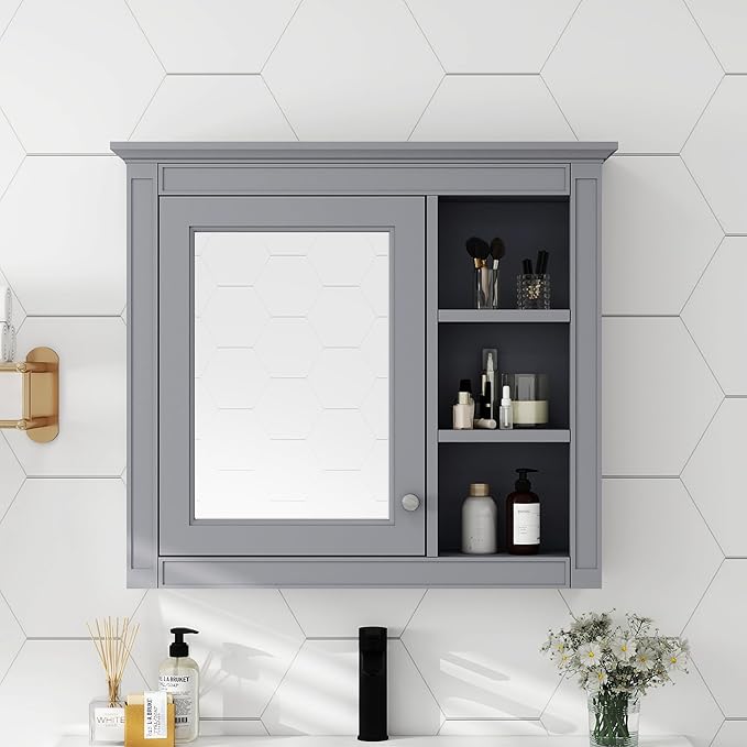 Bathroom Wall Cabinet with Mirror, 30'' x 28'' Medicine Cabinet with Mirror Door and Adjustable Shelves, Over Toilet Storage Cabinet, Wall-Mounted Bathroom Mirrors for Over Sink with Storage