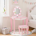 MU Kids Vanity Set with Lighted Mirror and Stool, Kids Make Up Vanity Desk with Storage Space, Wing Pattern for Little Girls, Toddler Princess Makeup Dressing Table with Chair Set, Pink