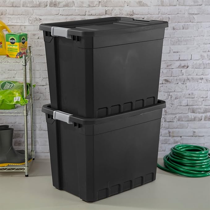 Sterilite 4-Pack Plastic Storage Bins with Lids, Stackable Containers, 27 Gallon, Black