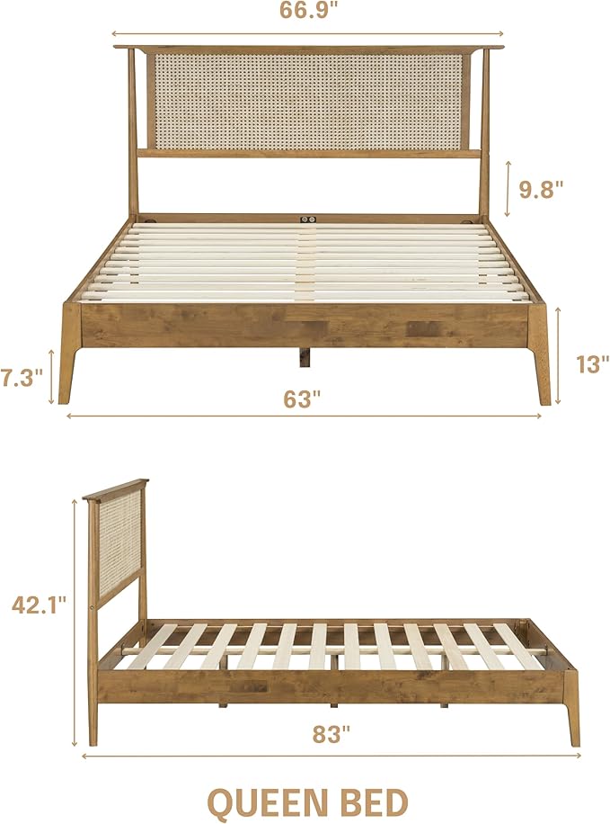 NTC Ruby Wooden Bed Frame with Headboard and Natural Rattan, Solid Oak/Rubber Wood Foundation with Silent Slats, 1000 Lb Capacity, Effortless Assembly Queen - Teak Look