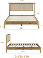 NTC Ruby Wooden Bed Frame with Headboard and Natural Rattan, Solid Oak/Rubber Wood Foundation with Silent Slats, 1000 Lb Capacity, Effortless Assembly Queen - Teak Look