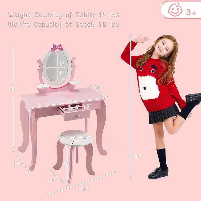 KOTEK Pink Kids Vanity Set, 2-in-1 Makeup Vanity Desk with Detachable Top & 360° Rotating Mirror, Stool and Drawer, Bow Pattern for Little Girls, Princess Dressing Table for Toddler 3-7