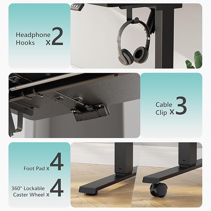 55 x 24 inch Electric Standing Desk Adjustable Height with 4 Wheels, 4 Memory Height Settings, 2 Headphone Hook, Home Office Desk, Splice Board Black