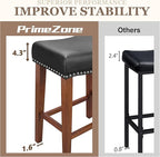 PrimeZone Counter Height Bar Stools Set of 4 - Backless Saddle Barstools with 4.3" Thick Upholstered, Nailhead Trim Faux Leather & Solid Wood Legs, 26 Inch Counter Stools for Kitchen Island, Black