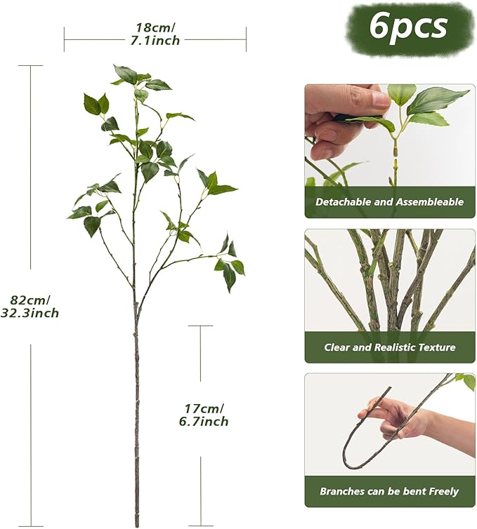 Eucalyptus Stems 32" Fake Plants Greenery for Vase Artificial Plants Indoor Bay Leaves Bathroom Decor Fake Leaves Greenery Stems Dining Room Decor Nordic (6PCS)