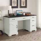 Executive Desk, Farmhouse Home Office Desk with Drawers and Storage Cabinet, Wood Computer Desk for Work and Study, Antique White (Style one)