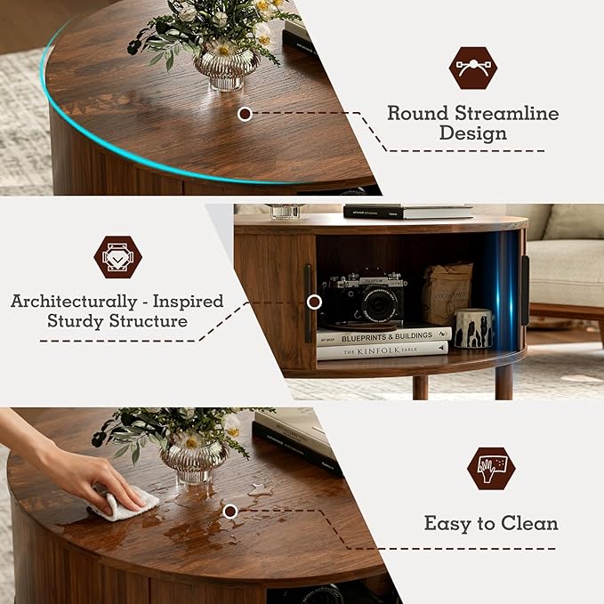 Coffee Table for Living Room, Modern Round Coffee Table with Cabinets & Sliding Doors, Home Small Space, 29.9" Fluted Center Table, Walnut