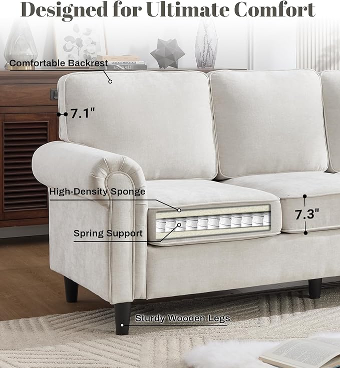 Kingfun 3 Seater Couch, Mid Century Modern Sofa Set with Rolled Arms and Deep Seats, Fluffy Comfort for Living Room, Apartment, Easy Assembly, Beige