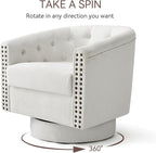 Swivel Barrel Accent Chair,Round Nailhead Chenille Fabric Living Room Arm Chairs,Modern Upholstered Comfty Reading Nook Chairs for Bedroom,Small Club Armchair,Single Sofa Side Chair,Ivory White