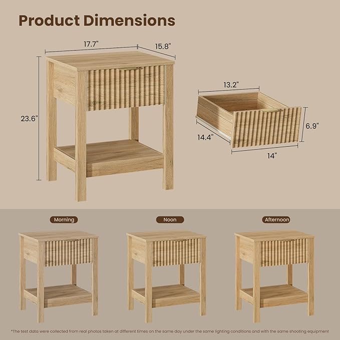 Fluted Night Stand with Golden Handle,Set of 2 Mid-Century Nightstands with Drawer, Bedside Table with Storage Shelf,Large End Tables for Livingroom,Bed Side Tables for Bedroom, Natrual Oak