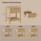 Fluted Night Stand with Golden Handle,Mid-Century Nightstands with Drawer,Modern Bedside Table with Storage Shelf,Large End Tables for Livingroom,Bed Side Tables for Bedroom,Natural Oak