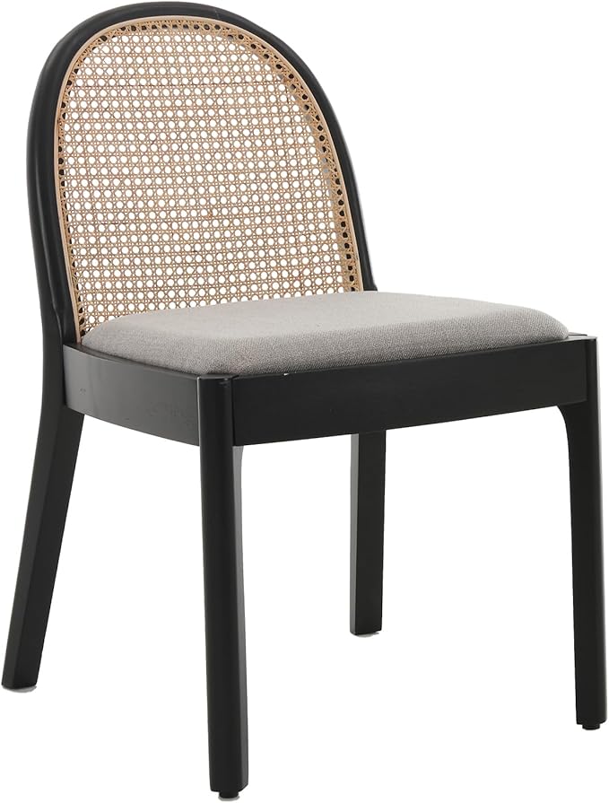 Rattan Dining Chairs Set of 4, Modern Dining Room Chairs with Cane Back Comfy Accent Kitchen Chair Upholstered Linen Fabric Chair for Restaurant/Living Room, Grey