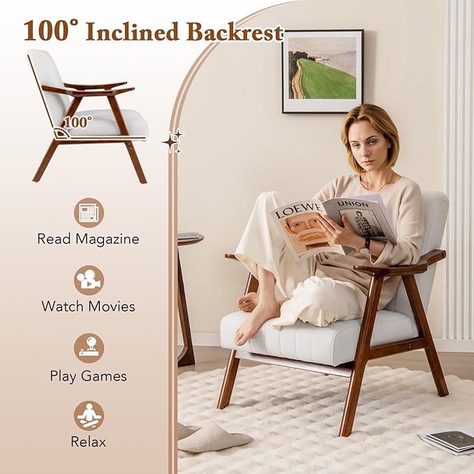 Giantex Mid-Century Modern Accent Chair, Upholstered Comfy Living Room Chair with Arms, Anti-Slip Felt Pads, Wooden Frame Soft Padded Armchair for Living Room Bedroom Office Study, Beige