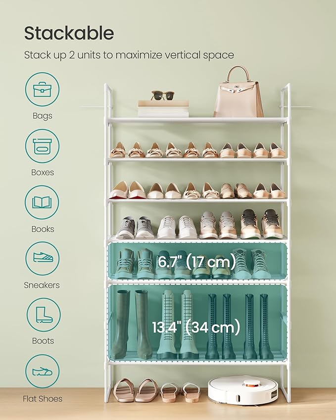 SONGMICS Shoe Rack, 4-Tier Shoe Organizer, Metal Storage Shelf, Upright or Upside Down, for 20-25 Pairs, Stackable, for Entryway, 11.8 x 36.2 x 29.1 Inches, Pearl White ULSA014WK01