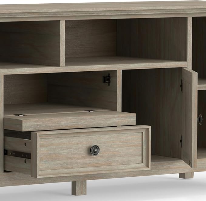 SIMPLIHOME Amherst 54-inch Wide Solid Wood TV Stand in Antique White, Transitional-Style Media Console for Living Room with Adjustable Shelves and Cable Management