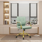 CLATINA Leather Home Office Desk Chairs, Swivel Mid-Back Computer Chair with Golden Legs and Arms, Comfy Upholstered Task Chair with Wheels, Green